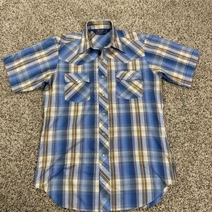 Vintage Lariat Shirt Mens Medium Blue Western Pearl Snap Cowboy 80s Short Sleeve